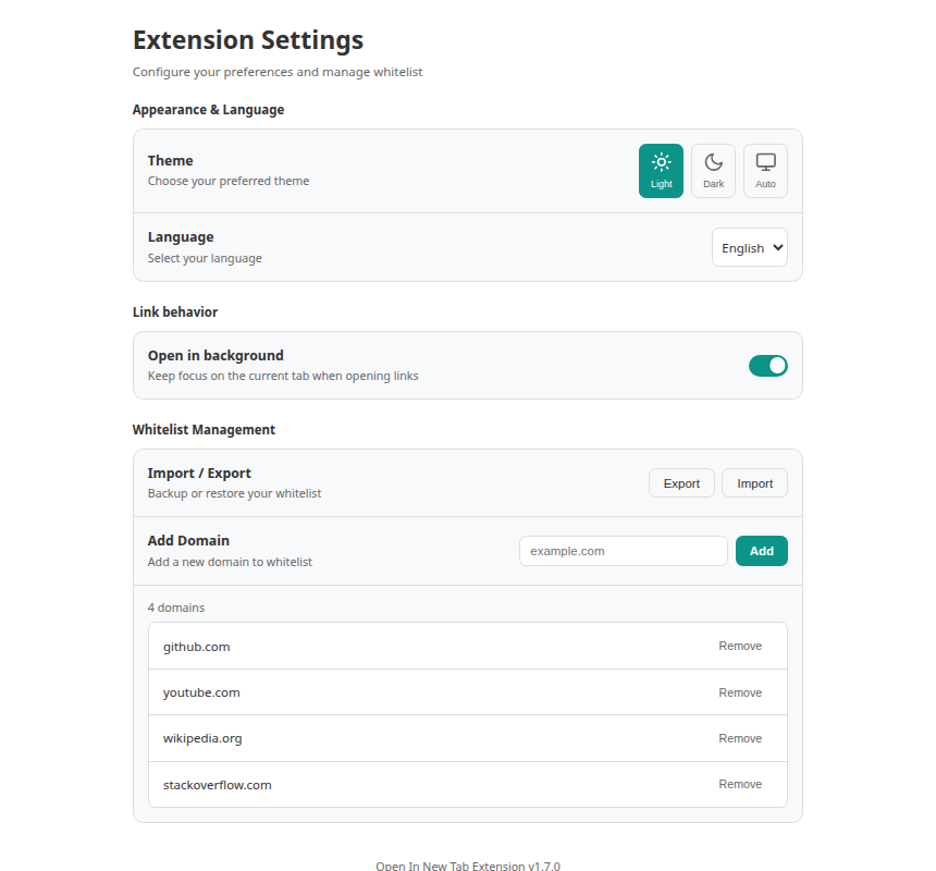 Open In New Tab settings page with theme, language, background-tab and whitelist import options, plus the four-domain whitelist list